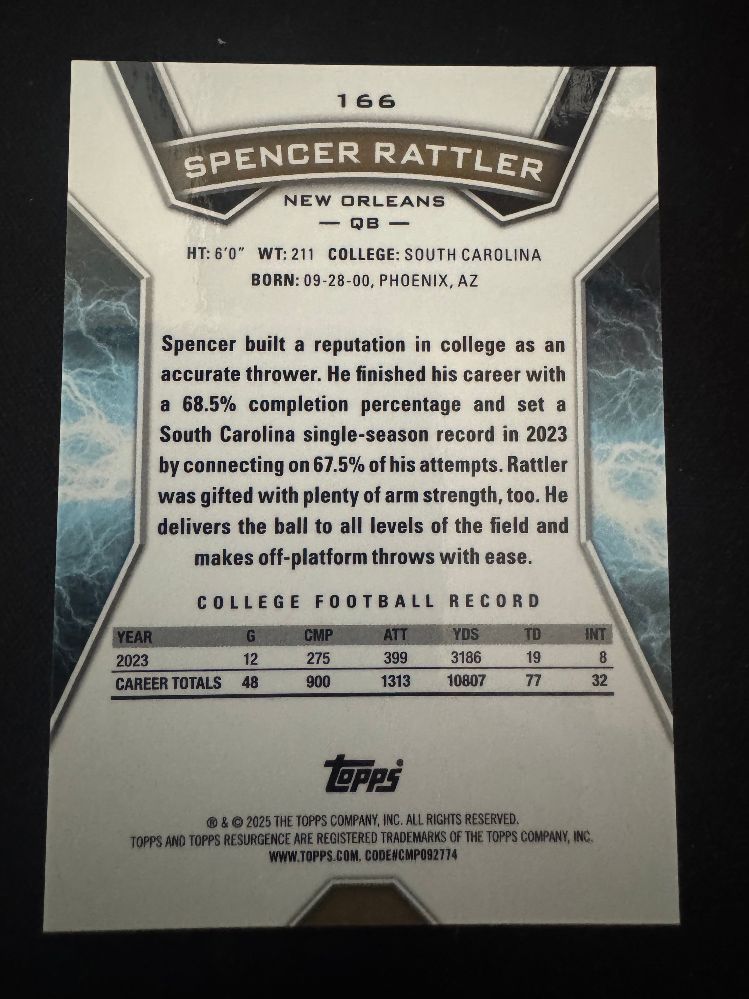 Spencer Rattler Topps Resurgence RC #d 7/15 Lime Green Power Surge $25.00