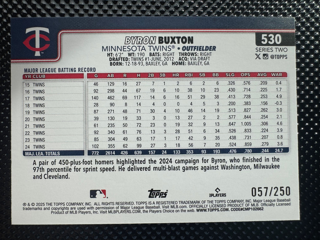 2025 Topps Chrome Purple Refractor #d 057/250 Byron Buxton #172 Minnesota Twins $5.00