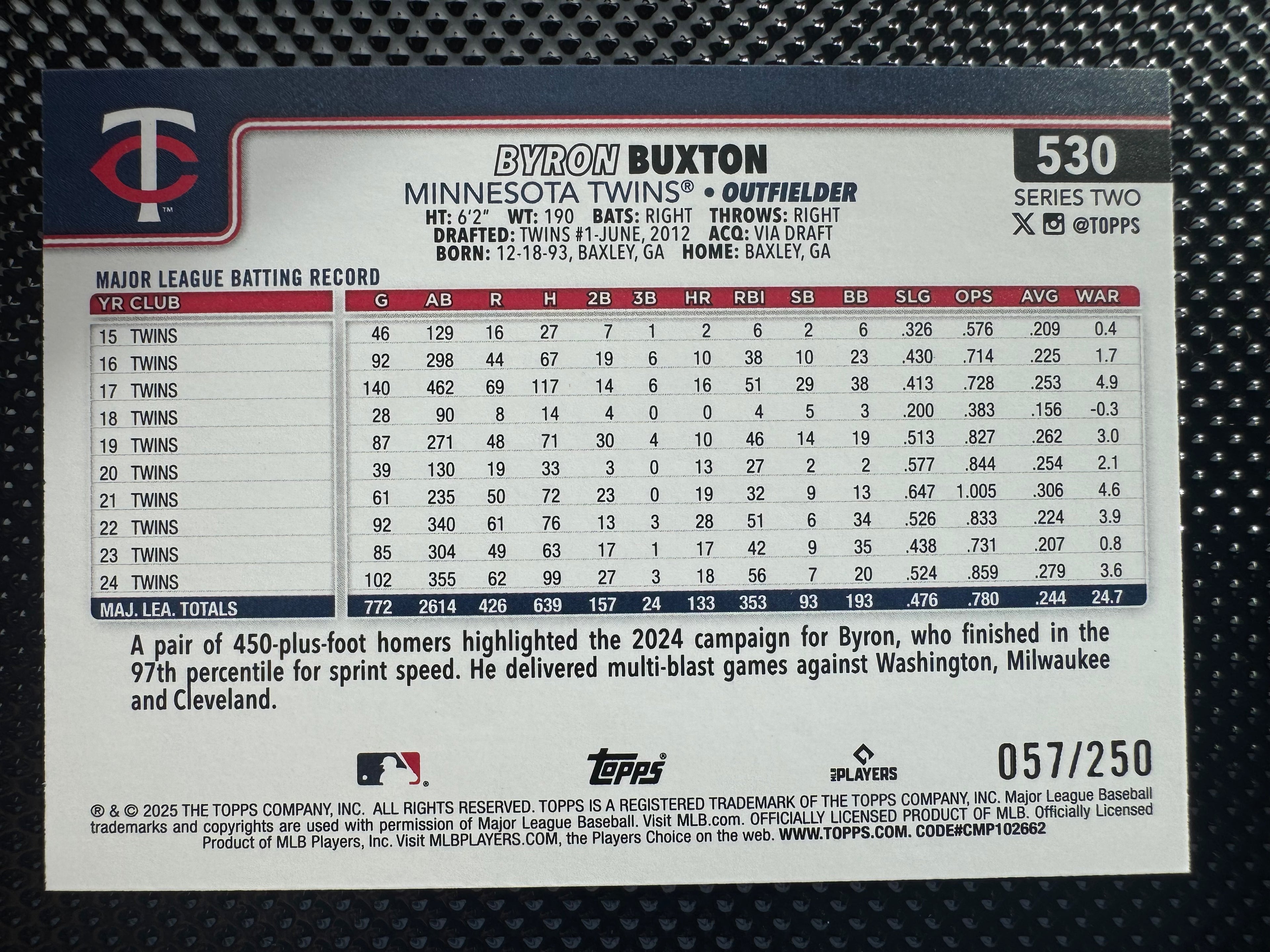 2025 Topps Chrome Purple Refractor #d 057/250 Byron Buxton #172 Minnesota Twins $5.00